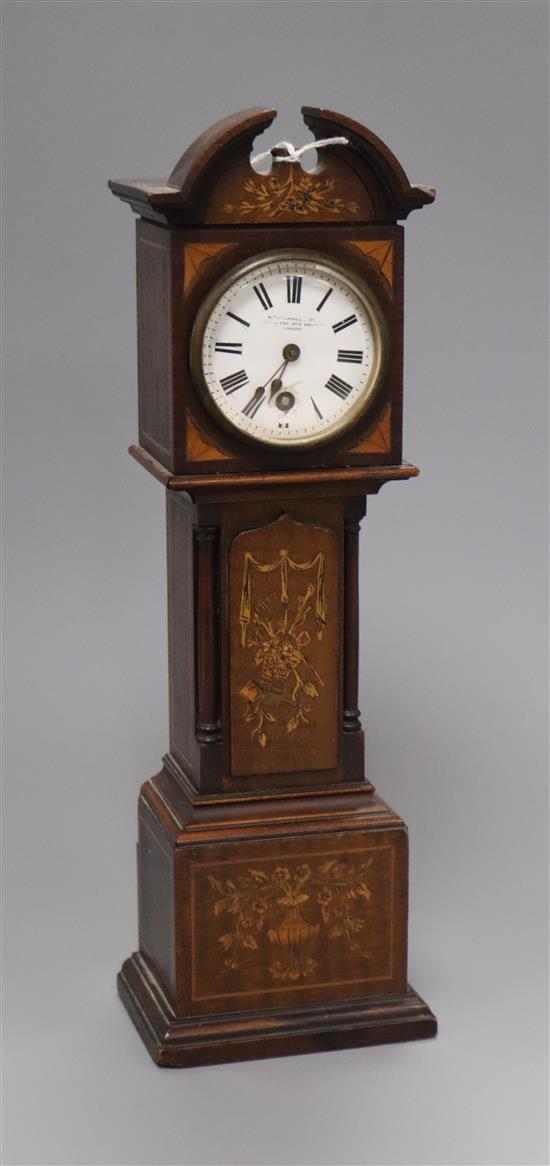 An Edwardian mahogany and marquetry miniature longcase timepiece, by W T & Co height 32cm